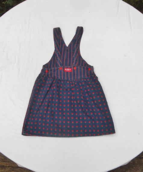 Vintage 80s USA OshKosh B&rsquo;Gosh Denim Dress/Strapped bib Skirt- Reverse print Navy w/Red Baby Roses/Stripes 100% Cotton Girls 6X