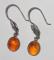 Vintage Sterling Silver Pierced Drop EARRINGS--AMBER Cabochon Bezel Set- Bows Fishhook Wire Dangle