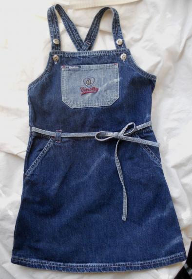 Vintage OshKosh B&rsquo;Gosh Blue Denim Varsity JUMPER Dress Ties-Logo buttons 100% Cotton Little Girls 6